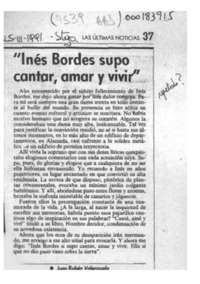 "Inés Bordes supo cantar, amar y vivir"  [artículo] Juan Rubén Valenzuela.
