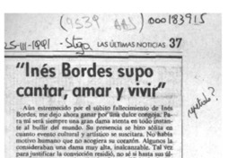 "Inés Bordes supo cantar, amar y vivir"  [artículo] Juan Rubén Valenzuela.