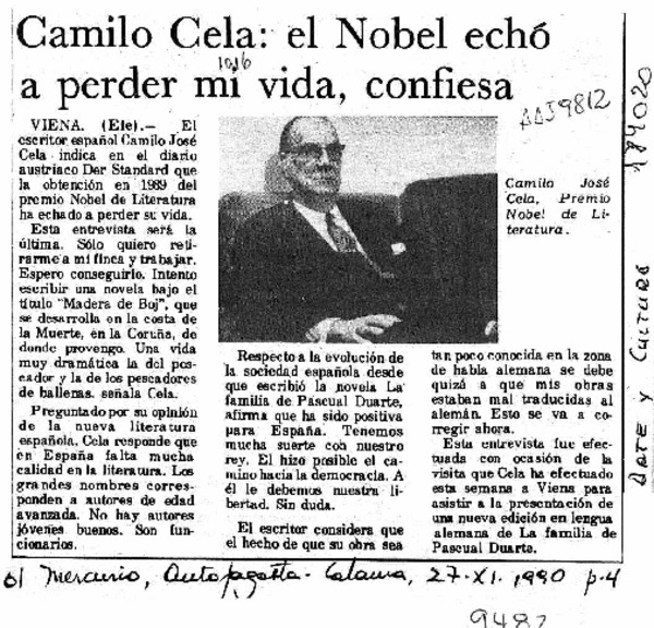 Camilo Cela, el Nobel echó a perder mi vida, confiesa  [artículo].