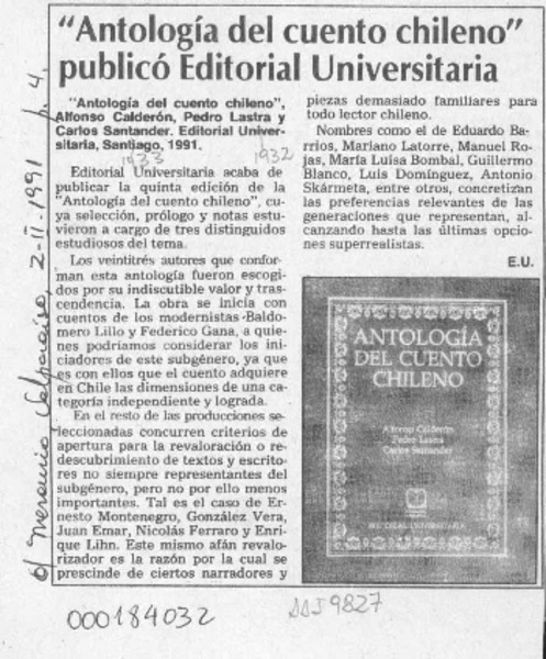 "Antología del cuento chileno" publicó editorial Universitaria  [artículo] E. U.