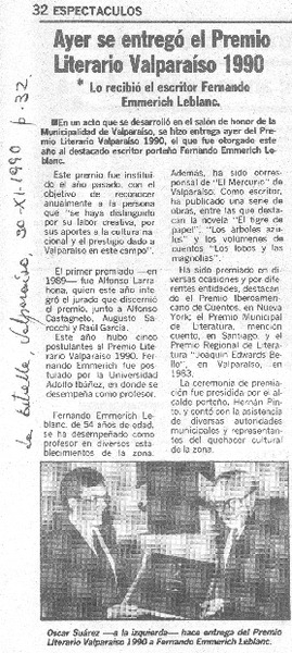 Ayer se entregó el Premio Literario Valparaíso 1990