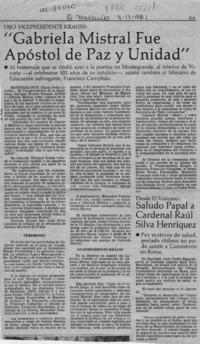 "Gabriela Mistral fue apóstol de paz y unidad"  [artículo] Mario Peña Carreño.