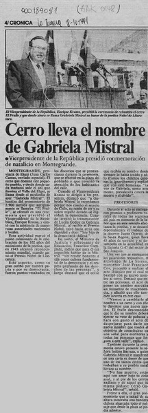 Cerro lleva el nombre de Gabriela Mistral  [artículo] Juan Carlos Camus.