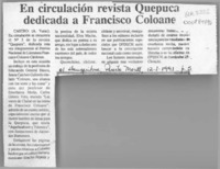 En circulación revista Quepuca dedicada a Francisco Coloane  [artículo] A. Yurac.