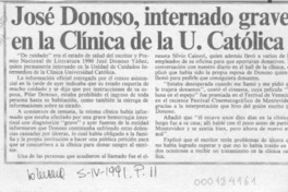 José Donoso, internado grave en la Clínica de la U. Católica  [artículo].