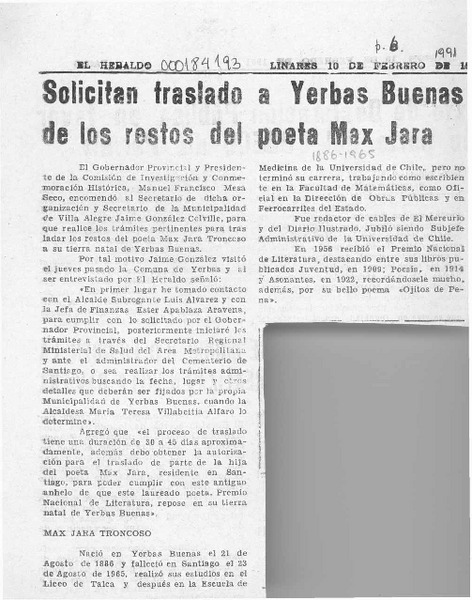 Solicitan traslado a Yerbas Buenas de los restos del poeta Max Jara  [artículo].