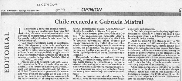 Chile recuerda a Gabriela Mistral  [artículo].