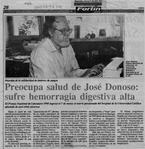Preocupa salud de José Donoso, sufre hemorragia digestiva alta  [artículo].
