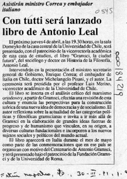 Con tutti será lanzado libro de Antonio Leal  [artículo].