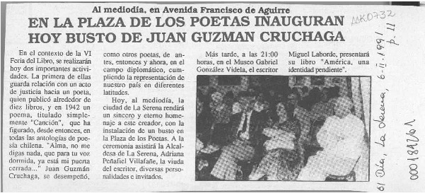 En la plaza de los poetas inauguran hoy busto de Juan Guzmán Cruchaga  [artículo].