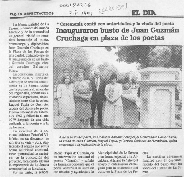 Inauguraron busto de Juan Guzmán Cruchaga en plaza de los poetas  [artículo].