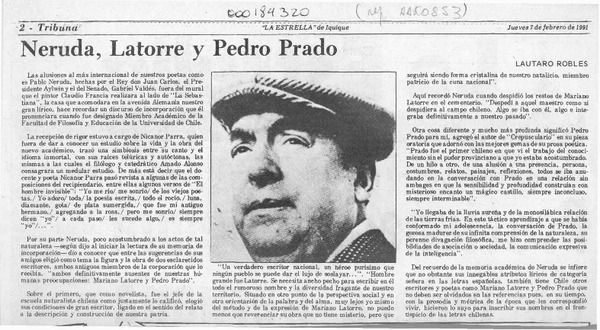 Neruda, Latorre y Pedro Prado  [artículo] Lautaro Robles.