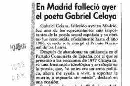 En Madrid falleció ayer el poeta Gabriel Celaya  [artículo].