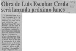 Obra de Luis Escobar Cerda será lanzada próximo lunes  [artículo].