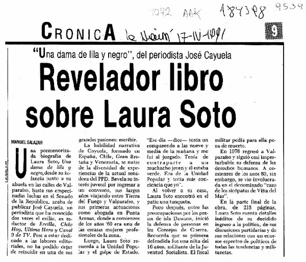 Revelador libro sobre Laura Soto  [artículo] Manuel Salazar.
