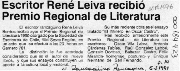 Escritor René Leiva recibió Premio Regional de Literatura  [artículo].