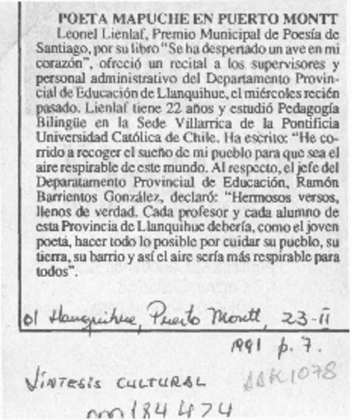 Poeta mapuche en Puerto Montt  [artículo].