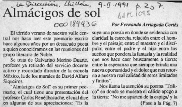 Almácigos de sol  [artículo] Fernando Arriagada Cortés.