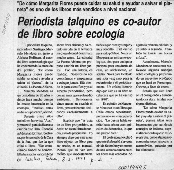 Periodista talquino es co-autor de libro sobre ecología  [artículo].