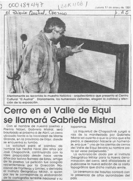 Cerro en el Valle de Elqui se llamará Gabriela Mistral  [artículo].