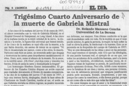 Trigésimo cuarto aniversario de la muerte de Gabriela Mistral  [artículo] Rolando Manzano Concha.