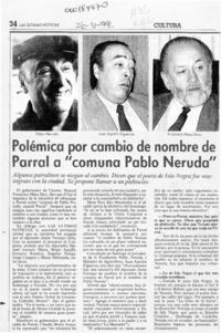 Polémica por cambio de nombre de Parral a "comuna Pablo Neruda"  [artículo].
