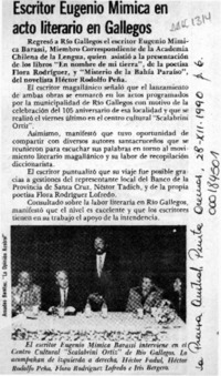 Escritor Eugenio Mimica en acto literario en Gallegos  [artículo].