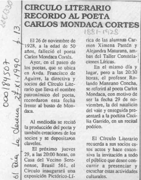 Círculo literario recordó al poeta Carlos Mondaca Cortés  [artículo].