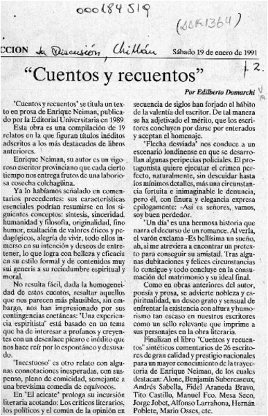 "Cuentos y recuentos"  [artículo] Edilberto Domarchi.