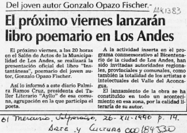 El Próximo viernes lanzarán libro poemario en Los Andes  [artículo].