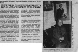 Edith Parra de Sepúlveda presenta hoy su libro "Rumores en el viento"  [artículo].