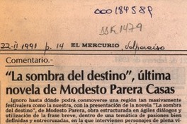 "La sombra del destino", última novela de Modesto Parera Casas  [artículo] Magdiel Gutiérrez Pérez.