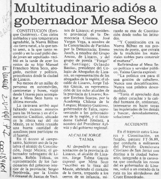 Multitudinario adiós a gobernador Mesa Seco  [artículo] Enrique Gutiérrez.