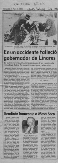 En un accidente falleció gobernador de Linares  [artículo] Sonnia Mendoza [y] Alipio Ortega.