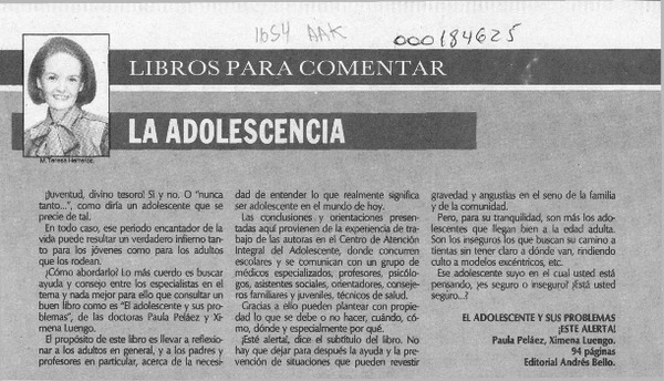 La adolescencia  [artículo] M. Teresa Herreros.