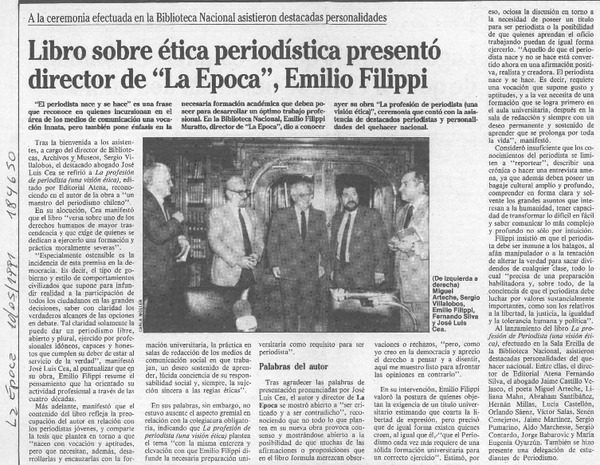 Libro sobre ética periodística presentó director de "La Epoca", Emilio Filippi  [artículo].