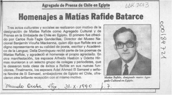 Homenajes a Matías Rafide Batarce  [artículo].