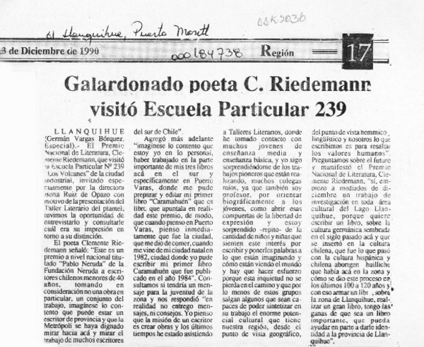 Galardonado poeta C. Riedemann visitó Escuela Particular 239  [artículo].