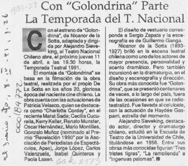 Con "Golondrina" parte la temporada del T. Nacional  [artículo].