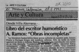 Libro del escritor humorístico A. Ramos, "Obras incompletas"  [artículo] Pedro Mardones Barrientos.