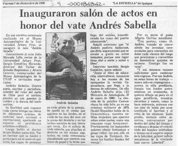 Inauguraron salón de actos en honor del vate Andrés Sabella  [artículo].