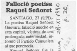 Falleció poetisa Raquel Señoret  [artículo].