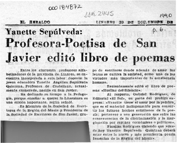 Profesora-poetisa de San Javier editó libro de poemas  [artículo].