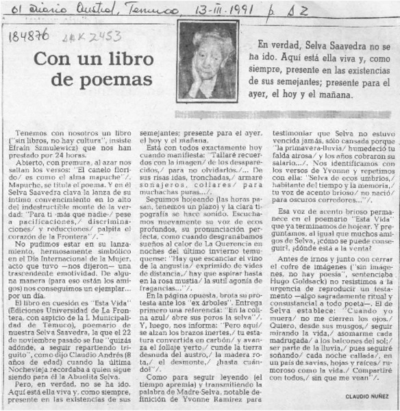 Con un libro de poemas  [artículo] Claudio Núñez.