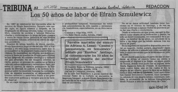 Los 50 años de labor de Efraín Szmulewicz  [artículo].