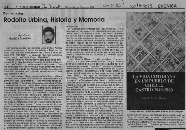 Rodolfo Urbina, historia y memoria  [artículo] Oscar Gacitúa González.