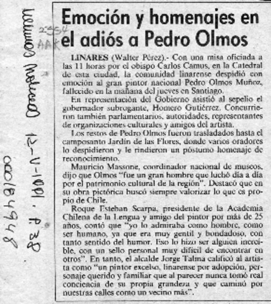 Emoción y homenajes en el adiós a Pedro Olmos  [artículo] Walter Pérez.