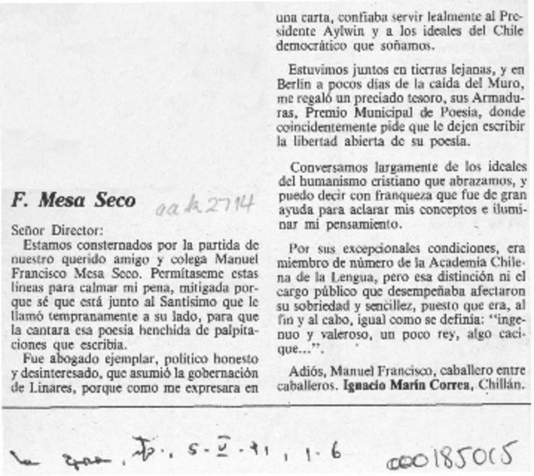 F. Mesa Seco  [artículo] Ignacio Marín Correa.