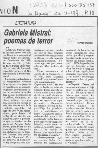 Gabriela Mistral, poemas de terror  [artículo] Eduardo Vassallo.