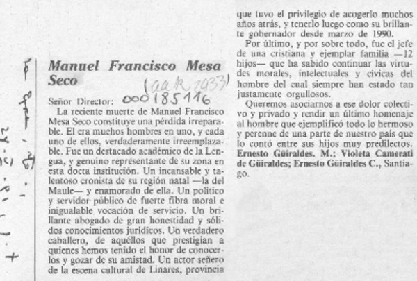 Manuel Francisco Mesa Seco  [artículo] Ernesto Güiraldes M.